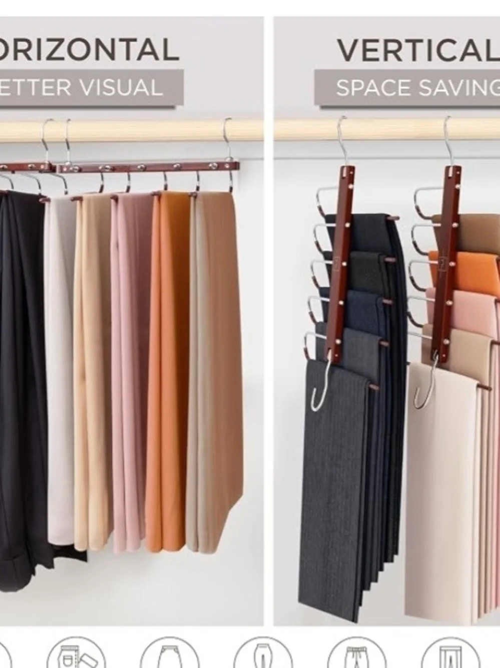 Space-Saving Pant Hanger in Natural And Bronze Closet Organizer Wood Metal